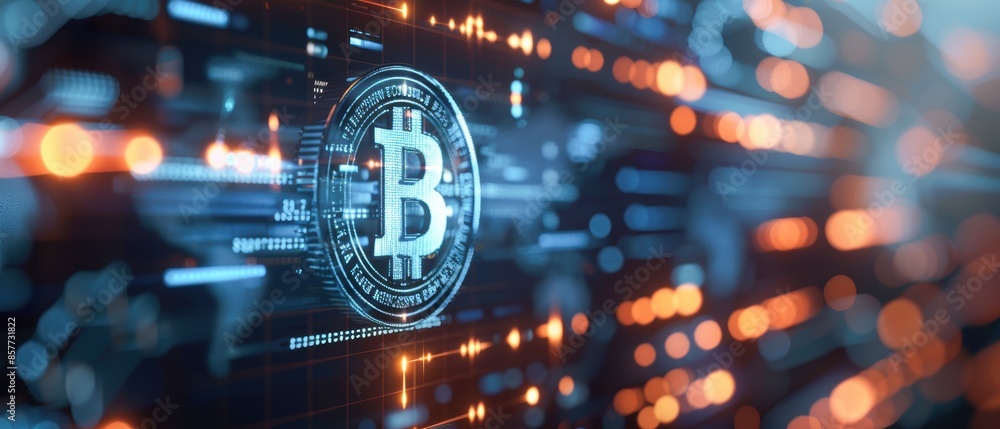 Obraz premium Digital currency symbols in a futuristic background, representing cryptocurrency market growth and data trends, high-tech and vibrant