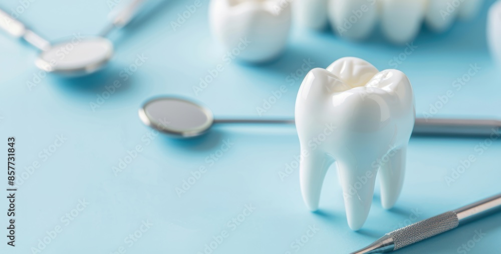 Dentist tools and a human tooth model on a blue background, representing dental care and treatment, clear and detailed Dentist tools and a human tooth model on a blue background, representing dental care and treatment, clear and detailed