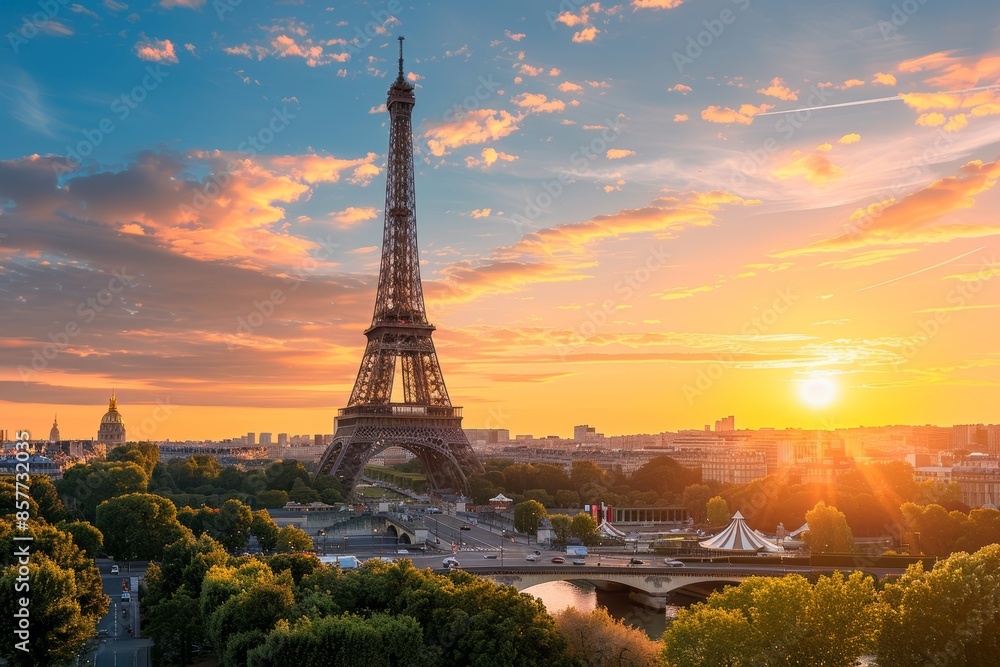 Obraz premium Paris skyline with eiffel tower at sunset in high quality image of paris, france