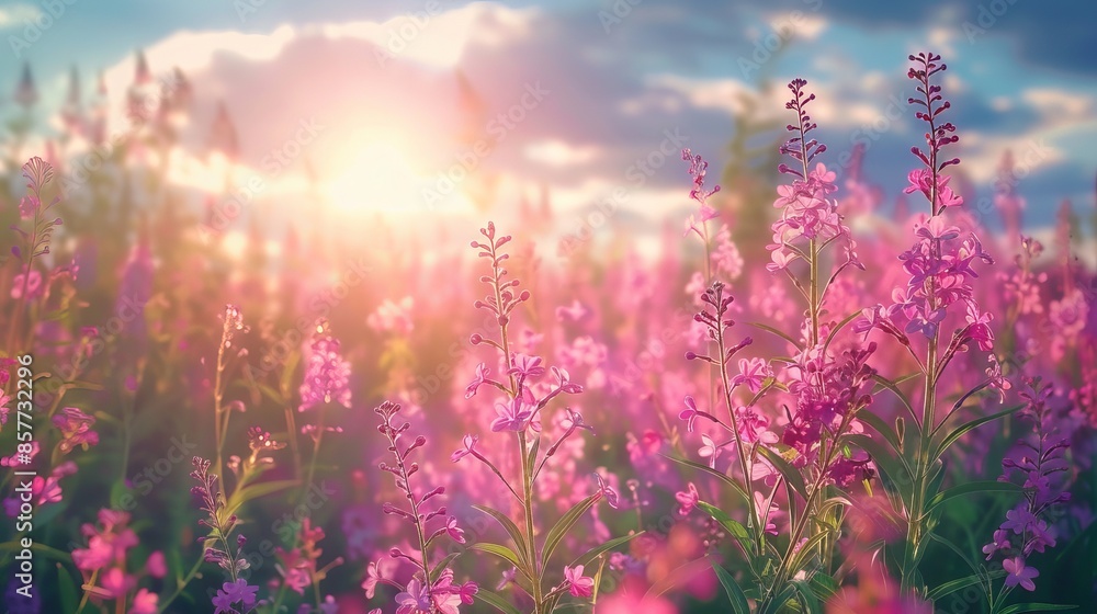 Obraz premium Idyllic Summer Meadow with Pink Wildflowers and Lilac Bushes under Morning Sunlight