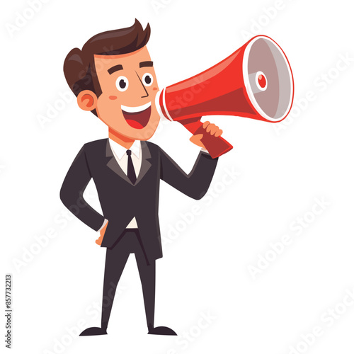 A cartoon-style illustration of an  businessman in a black suit holding a megaphone