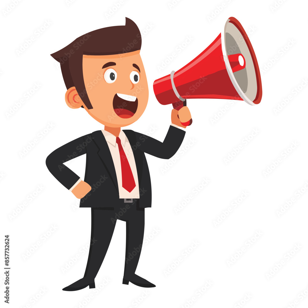 A cartoon-style illustration of an businessman in a black suit holding a megaphone A cartoon-style illustration of an businessman in a black suit holding a megaphone