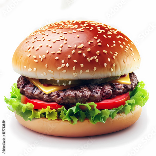 Grilled Cheeseburger on Sesame Seed Bun with Lettuce Tomato Pickles