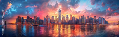 New York City Skyline at Sunset With Colorful Clouds and Reflections