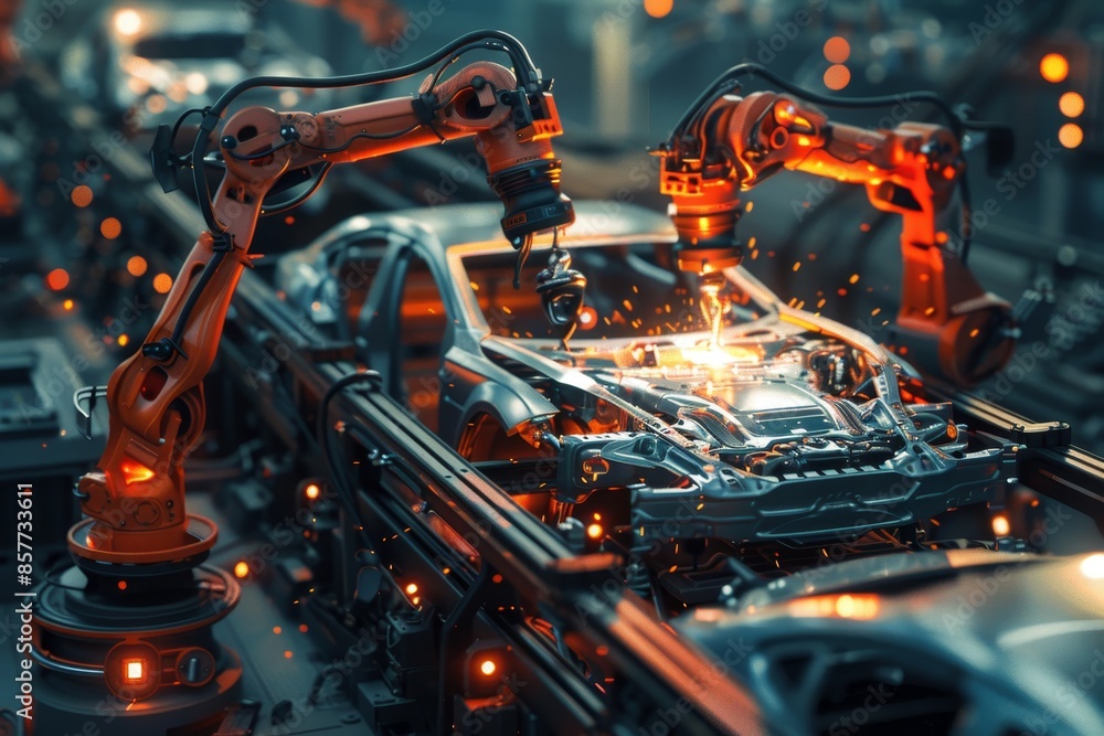 robotic arms welding parts on car body on automated production line. Digitally generated image of an automatic car manufacturing line in an automobile factory with generative ai. robotic arms welding parts on car body on automated production line. Digitally generated image of an automatic car manufacturing line in an automobile factory with generative ai.