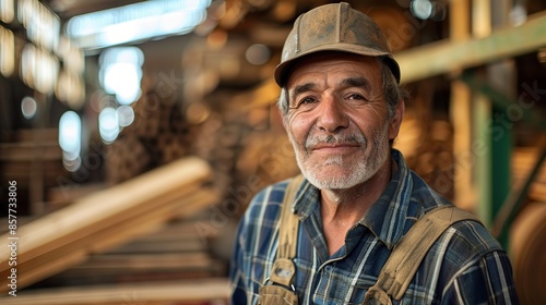 Portrait of carpenter handsome man smiling at factory. copy space for text.