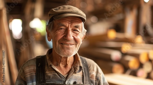 Portrait of carpenter handsome man smiling at factory. copy space for text. © Naknakhone