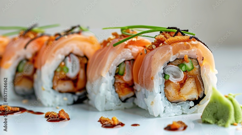 Close-up of Salmon and Avocado Sushi Rolls on a White Plate Close-up of Salmon and Avocado Sushi Rolls on a White Plate
