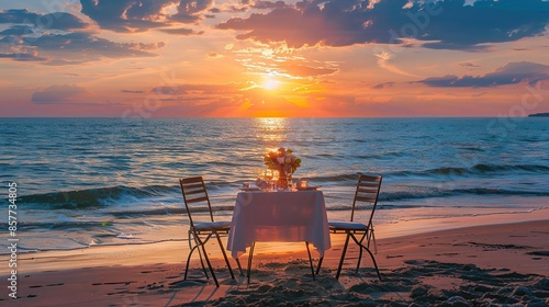 Fototapeta Naklejka Na Ścianę i Meble -  Private romantic dinner setup on the beach with sunset. copy space for text.