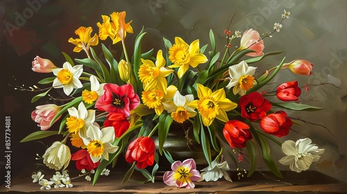 Wallpaper Mural Bright Spring Tulips and Daffodils in Full Bloom, Vibrant Floral Garden Scene on Sunny Day, Natural Botanical Background Torontodigital.ca