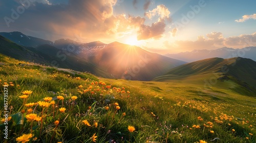 Sunset over Vibrant Svaneti Mountains with Yellow Flowers and Sunbeams photo
