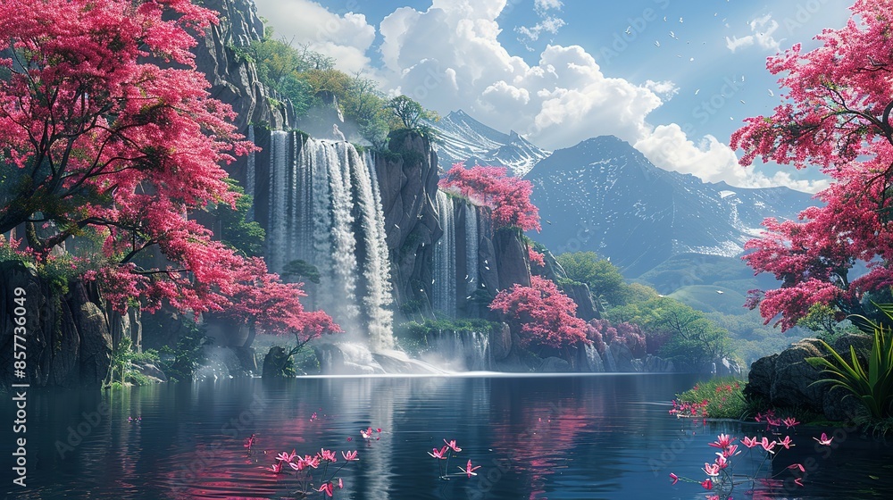 Fototapeta premium Dreamlike Garden Oasis: Vibrant Flowers, Flowing Rivers, and Magical Falls