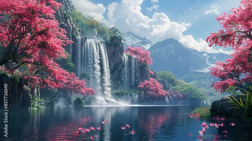 Dreamlike Garden Oasis: Vibrant Flowers, Flowing Rivers, and Magical Falls