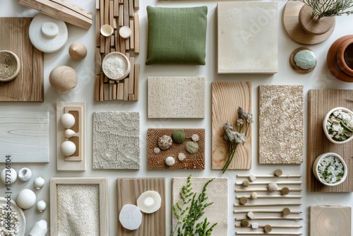 Modern moodboard with square material swatches and natural elements in neutral tones photo