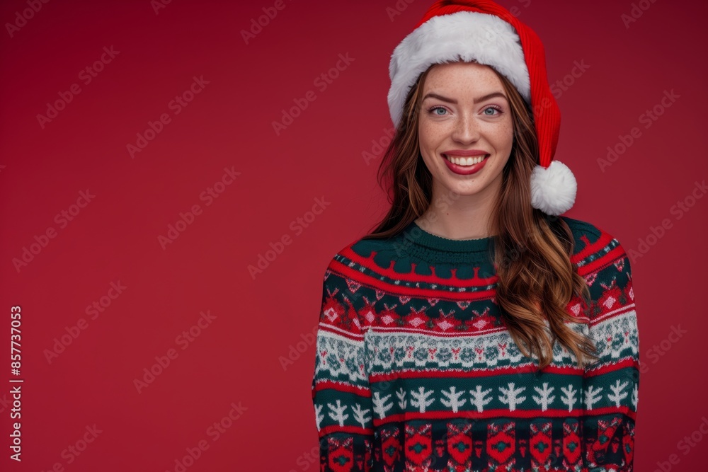 An exuberant woman dressed in festive attire and a Santa hat embodies the joy of the holiday season with warmth and cheer, radiating happiness and delight, capturing the essence of the festive spirit An exuberant woman dressed in festive attire and a Santa hat embodies the joy of the holiday season with warmth and cheer, radiating happiness and delight, capturing the essence of the festive spirit