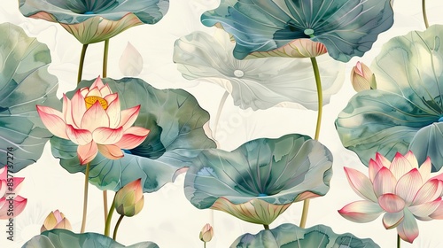 Fototapeta Naklejka Na Ścianę i Meble -  Water Lily and Lotus Flower Seamless Floral Pattern, Watercolor Botanical Art for Textiles, Interior Design, Wallpaper