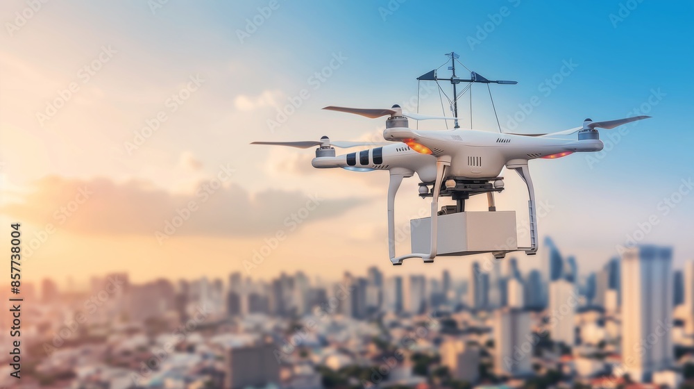A drone delivering a package over the cityscape at sunset, showcasing modern technology and urban delivery services innovation. A drone delivering a package over the cityscape at sunset, showcasing modern technology and urban delivery services innovation.