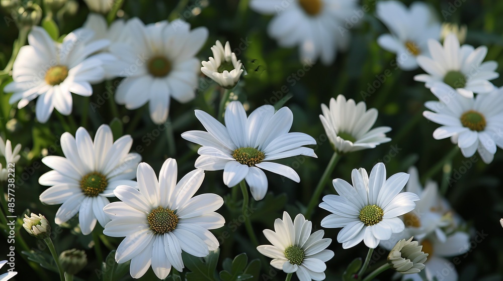 Fototapeta premium White Daisy Flowers Blooming in Sunlight on Fresh Green Meadow, Natural Botanical Spring Scene