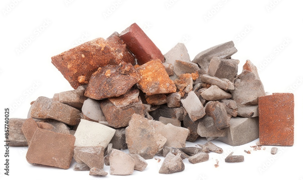 A pile of construction debris, stones, waste, rusty scrap metal, wood fragments, broken bricks, plaster, isolated on white background A pile of construction debris, stones, waste, rusty scrap metal, wood fragments, broken bricks, plaster, isolated on white background