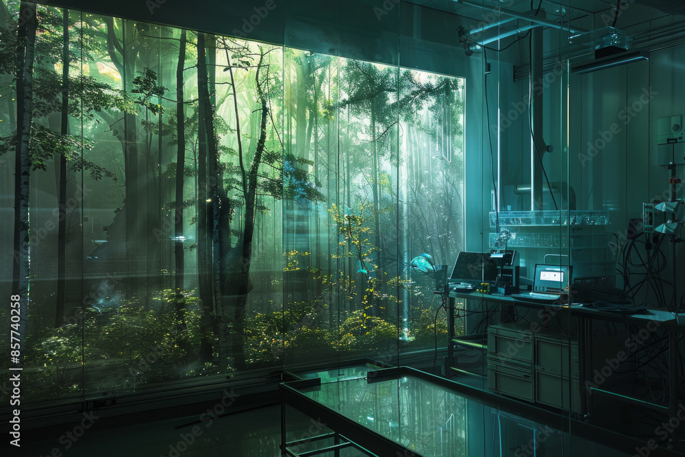 A holographic projection of a forest ecosystem within a sterile laboratory A holographic projection of a forest ecosystem within a sterile laboratory