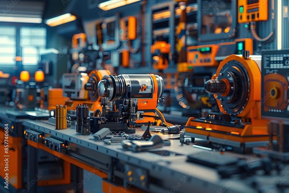 Construction and technology, 3D flat design, tilted angle view of an innovative factory floor with robotic arms assembling products, bold colors, minimalist design, strong visual depth Construction and technology, 3D flat design, tilted angle view of an innovative factory floor with robotic arms assembling products, bold colors, minimalist design, strong visual depth