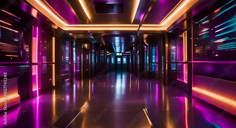 A futuristic hallway filled with colorful lights and a high-tech atmosphere A futuristic hallway filled with colorful lights and a high-tech atmosphere