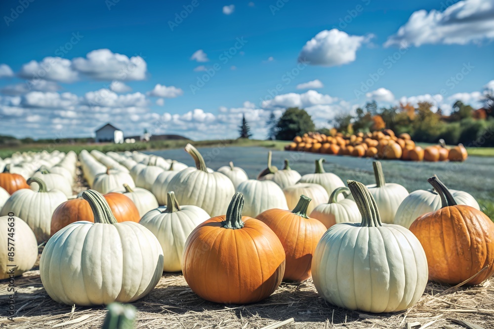 Scenic Pumpkin Patch Field Under Blue Sky with Fluffy Clouds Scenic Pumpkin Patch Field Under Blue Sky with Fluffy Clouds