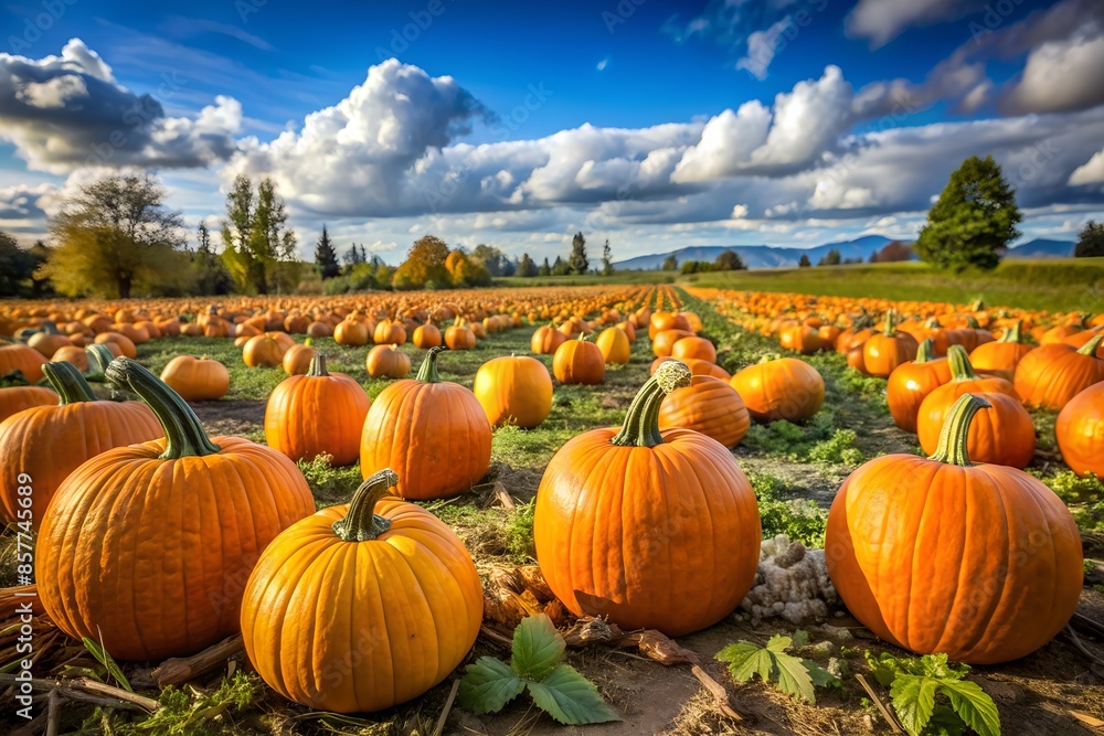 Scenic Pumpkin Patch Field Under Blue Sky with Fluffy Clouds Scenic Pumpkin Patch Field Under Blue Sky with Fluffy Clouds