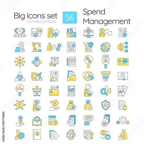 Spend management RGB color icons set. Strategic procurement, expense reports. Regulatory compliance, expenditure. Isolated vector illustrations. Simple filled line drawings collection. Editable stroke