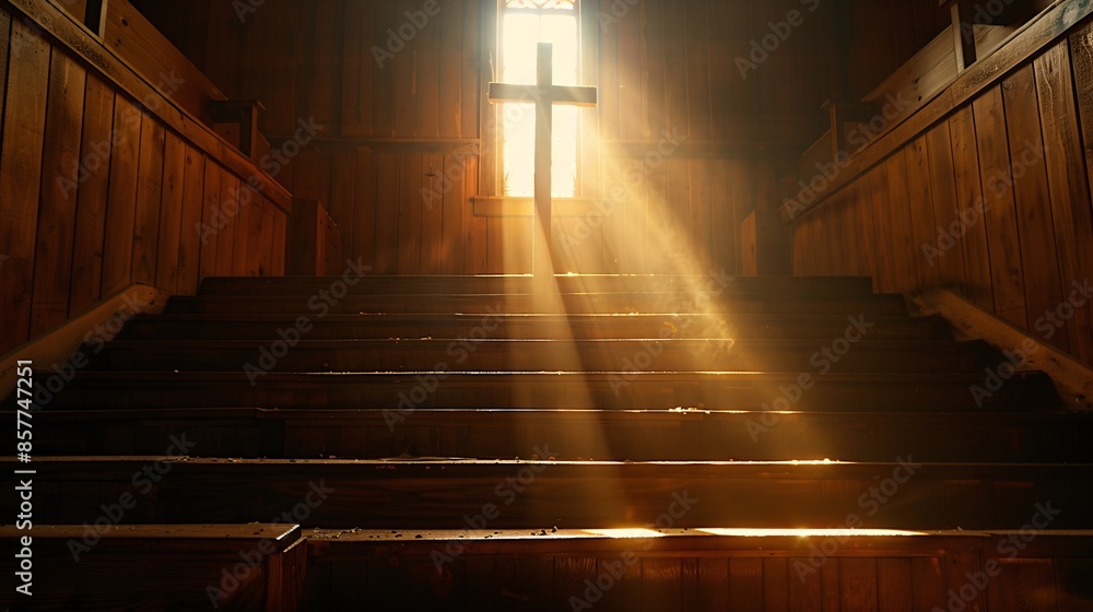 A wooden cross is positioned at the top of a stairway, bathed in radiant golden light against a heavenly backdrop. This serene and contemplative scene provides copyspace for conveying messages of A wooden cross is positioned at the top of a stairway, bathed in radiant golden light against a heavenly backdrop. This serene and contemplative scene provides copyspace for conveying messages of