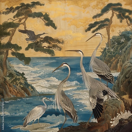 A painting of a group of birds standing on rocks near a body of water