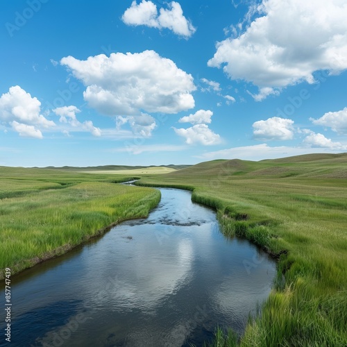 A river runs through a grassy field with a clear blue sky above