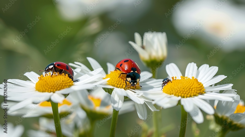 Fototapeta premium Beetles on daisy flower