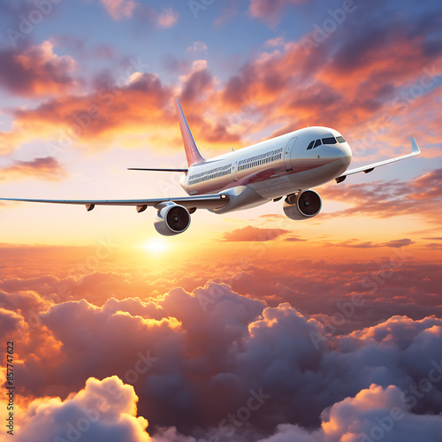 Commercial airplane flying above the clouds at sunset. 3d illustration.