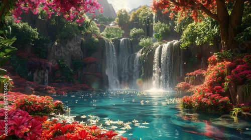 Magical Garden of Eden: Flowered Landscapes, Winding Rivers, and Cascades