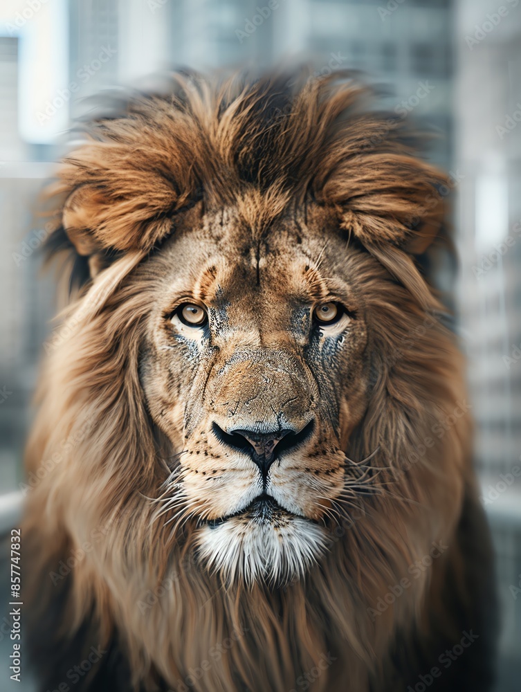 Fototapeta premium A majestic lion stares intensely with a blurred city background. The powerful predator's mane is ruffled by the wind.