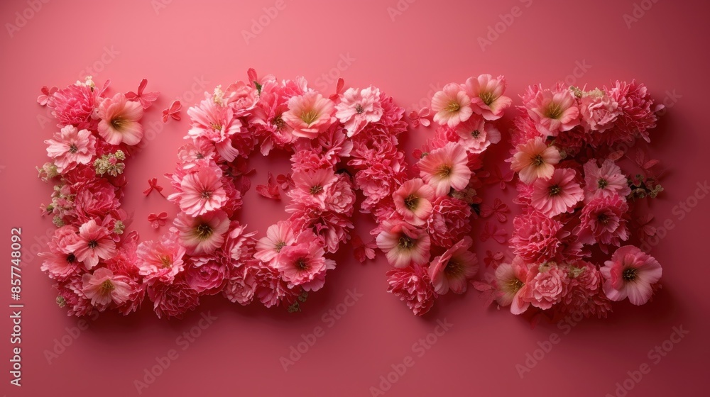 Artistic Floral Arrangement Spelling LOVE Against a Pink Background Artistic Floral Arrangement Spelling LOVE Against a Pink Background