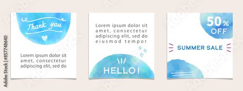 ポップでかわいい水彩ブルーの背景フレームセット、正方形、ベクターイラスト、1080px