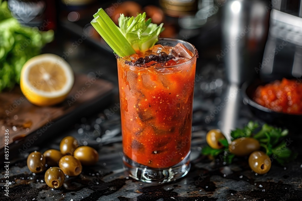 A bloody mary cocktail in a highball glass, garnished with celery, olives, and a lemon wedge A bloody mary cocktail in a highball glass, garnished with celery, olives, and a lemon wedge
