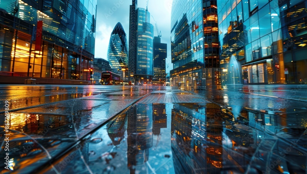 Reflective Cityscape: London's Skyline in a Puddle Reflective Cityscape: London's Skyline in a Puddle
