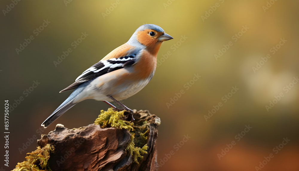 Obraz premium Male Chaffinch, Fringilla coelebs, perched on a tree stump