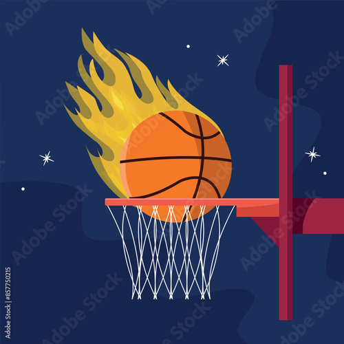 Basketball fire ball hits basketball hoop. Vector illustration.