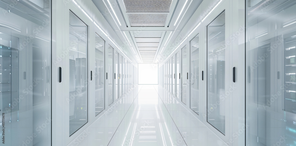 High-tech data center with rows of server cabinets and white walls, viewed from the front. Bright light illuminates the space, creating an atmosphere of technology innovation High-tech data center with rows of server cabinets and white walls, viewed from the front. Bright light illuminates the space, creating an atmosphere of technology innovation