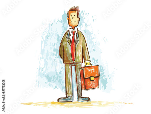isolate white background, A person with a briefcase or portfolio, indicating professionalism and preparedness, drawing in color pencil art and copy space, very simple and isolate in the style of art.