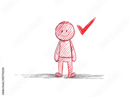 isolate white background, A person with a checkmark beside them, indicating approval or validation, drawing in color pencil art and copy space, very simple and isolate in the style of animated art