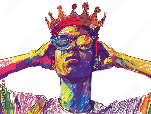 isolate white background, A person with a crown on their head, symbolizing leadership or excellence, drawing in color pencil art and copy space, very simple and isolate in the style of animated art