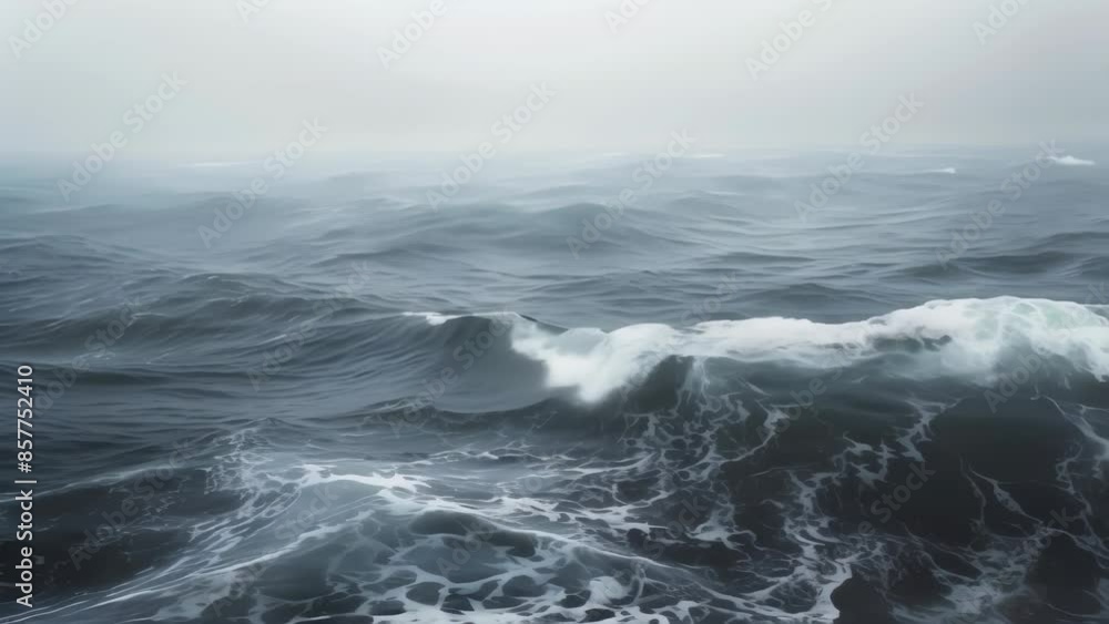 Turbulent ocean waves under a cloudy sky, creating a dramatic and moody seascape. The grey tones of the sky and sea convey a sense of power and desolation. Turbulent ocean waves under a cloudy sky, creating a dramatic and moody seascape. The grey tones of the sky and sea convey a sense of power and desolation.