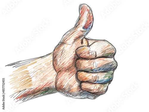 isolate white background, A person with a thumbs-up sign, representing endorsement or approval, drawing in color pencil art and copy space, very simple and isolate in the style of animated art