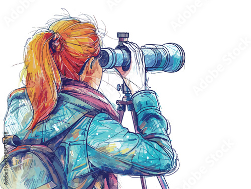 isolate white background, A person with a telescope and binoculars, suggesting both long-term vision and attention to detail, drawing in color pencil art and copy space, very simple art