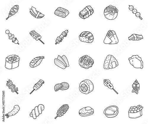 set of asian food line art vector icon isolated on white background